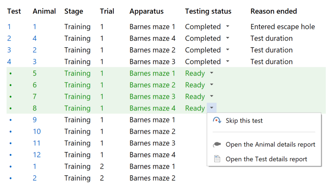 Test schedule report with menu